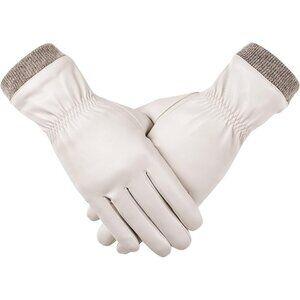 Women's Beige Winter Leather Gloves Wool Fleece Lined Thermal Touchscreen